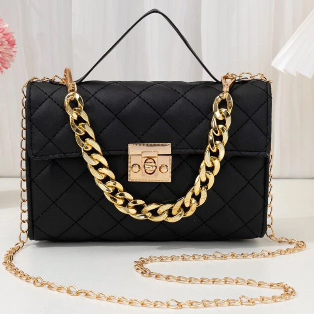 Quilted Square Chain Decor Crossbody Shoulder Bag